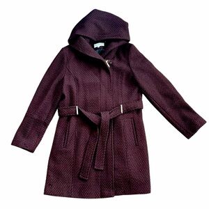 CALVIN KLEIN Women’s Burgundy Hooded Belted Pea Coat Size XL